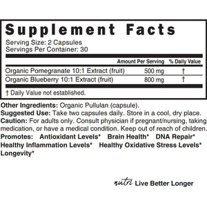 Nutri Organic Blueberry Pomegranate Supplement 1300Mg - with 800Mg 10:1 Extract & 500Mg 10:1 Pomegranate Extract - USDA Certified Organic - 60 Count Capsules - High in Anthocyanins and Polyphenols