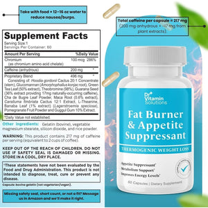 Fat Burner for Women & Men - Appetite Suppressant for Weight Loss - Pills W/Metabolism Booster Thermogenic Weight Loss Supplement - Includes Chromium & Green Tea Extract - 60 Capsules
