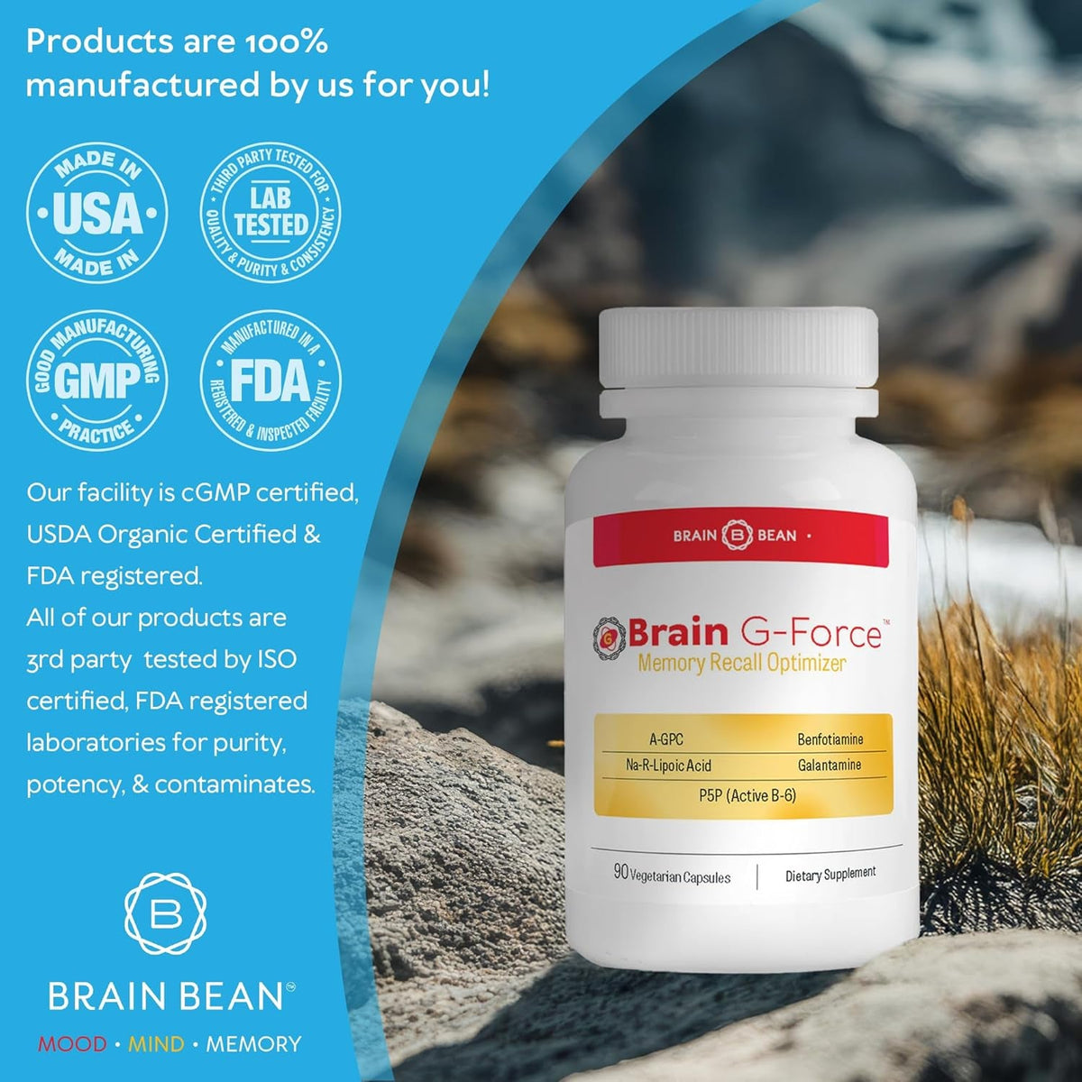 Brain G-Force | for Optimal Brain Function | with Galantamine, R-Lipoic Acid, A-GPC, and Benfotiamine | 45 Servings