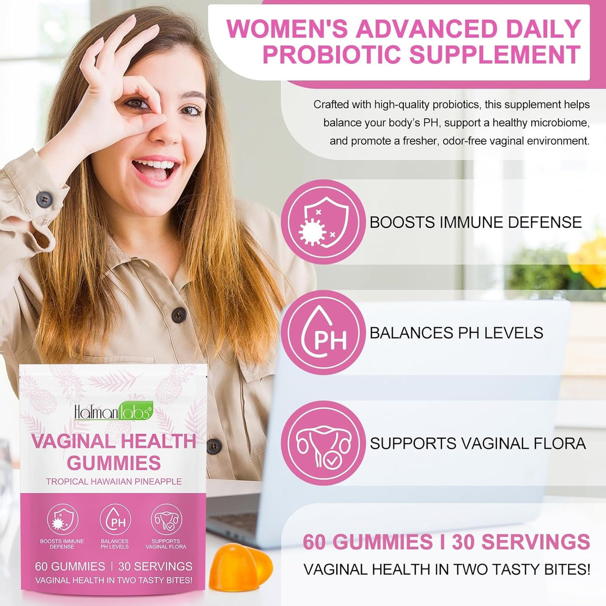 60 PCS Vital Vaginal Probiotics Source Feminine Gummies PH Balance for Women Feminine Balance Gummies Womens Vaginal Health Supplement