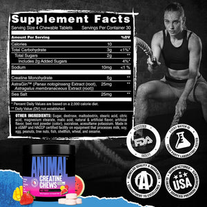Animal Creatine Chews Tablets - Enhanced Creatine Monohydrate with Astragin to Improve Absorption, Sea Salt for Added Pumps, Delicious and Convenient Chewable Tablets - Fruit Punch