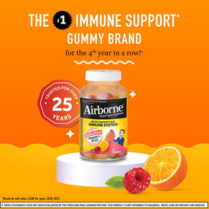 Airborne Immune Support Gummies, Assorted Fruit Flavor, 63 Ct - 750 Mg Vitamin C + Vitamins A, D & E + Zinc, Selenium, and Manganese | with Herbal Blend | Naturally Flavored