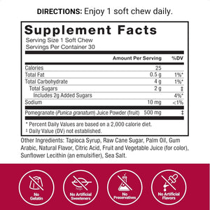 Force Factor Pomegranate Soft Chews for Healthy Aging, Heart, Bone, & Brain Health, Made with Real & Premium Pomegranate Juice Powder, Non-Gmo, Gluten-Free, Vegan, Pomegranate Flavor, 30 Soft Chews