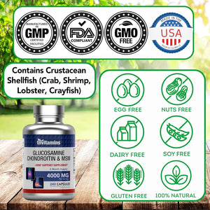 Tnvitamins Glucosamine Chondroitin MSM Capsules, 240 Count | 4,000 Mg per Serving | 2,000 Mg Glucosamine Sulfate 2Kcl + 2,000 Mg MSM & Chondroitin Blend | Joint Support Supplement