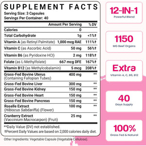 12-In-1 Beef Organ Supplement for Women - Beef Liver, Uterus, Kidney, Heart, Pancreas, 5 Vitamins & 2 Herbs, Hormone Balance, Menstruation, Energy, Immune - 100% Grass Fed, Pasture Raise - 120 Caps