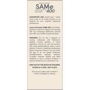 Jarrow Formulas Same Supplement 400 Mg - 60 Tablets - High Concentration of Active S,S Form - Supports Joint Health, Liver Function, Brain Metabolism, Balanced Mood & Antioxidant Defense - 60 Servings