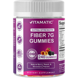 Vitamatic Prebiotic Fiber Gummies for Adults, 7G Extra Strength, Zero Sugar Added, 240 Pectin Based Gummies, Digestive Health & Regularity Support