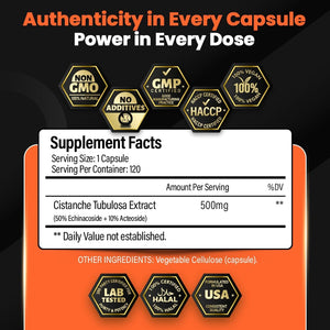 Cistanche Tubulosa Extract 500Mg (120 Servings) - 120 Capsules - 50% Echinacosides,10% Acteosides - Natural Nootropic for Stamina, Immunity & Memory - Hormone Balance - Strength Booster for Men