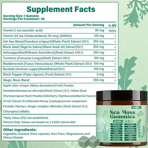 Sea Moss Gummies,16-In-1,Bladder Wrack Turmeric Vitamin C & D3 with Manuka Burdock,30 Gummies