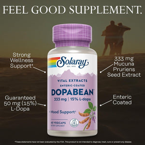 SOLARAY Dopabean 333Mg - Mucuna Pruriens L-Dopa - Wellness Support Supplement - Velvet Beans Seed Extract with 15% L Dopa plus Alpha Galactosidase - Enteric Coated, 60-Day Guarantee - 60 Servings