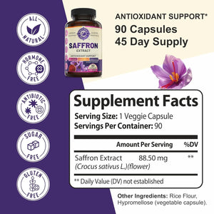 100% Pure Saffron Extract - Supports Weight and Appetite Health, Mood, Focus, Memory, Digestion, Eye, Skin and Brain Health. NSF Certified Saffron Supplements for Women and Men.