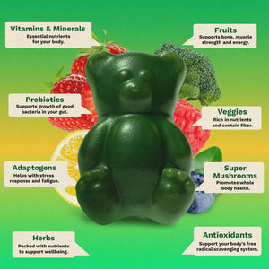 Gruns Adult Super Greens Multivitamin Gummies, Superfood Gummy Vitamins for Women and Men with Spirulina, Chlorella, Adaptogens & Prebiotic Fiber for Digestive Health (28 Count)
