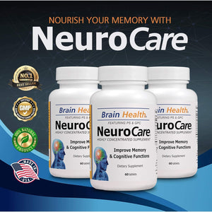 Neuro Care Nootropic Brain Health Supplement, Highly Concentrated Memory Booster Enhanced Mental Focus, Cognition, Memory, Concentration and Clarity, 100% Natural Dietary Supplement - 60 Tablets