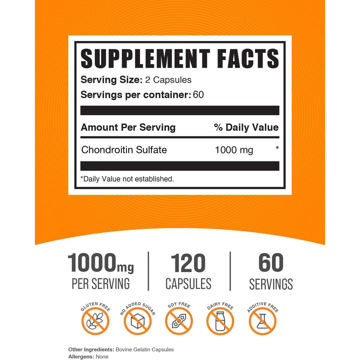 Bulksupplements.Com Chondroitin Sulfate Capsules - Nutritional Supplement, Chondroitin Sulfate 1000 Mg - Gluten Free, 2 Capsules per Serving, 120 Count (Pack of 1)