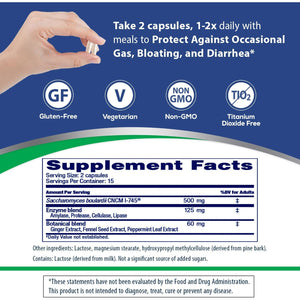 Florastor Advanced Gas and Bloat Probiotic, Digestive Enzymes and Botanicals, plus Probiotics for Digestive Health, 30 Capsules (Pack of 2)