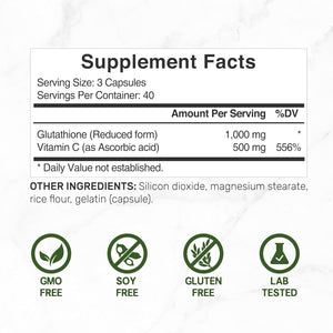 Glutathione Supplement 1,000Mg per Serving, 98% Purity | plus Vitamin C 500Mg, Active Reduced Form (GSH) | Intracellular Antioxidant – Supports Detoxification & Immune Health