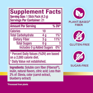 Metamucil Fiber Supplement, Clear Mixing Fiber Powder Stick Packs, Mixed Berry Flavor, on the Go, Plant Based Prebiotic Fiber Supplement Blend for Daily Digestive Health, 21 Stick Packs