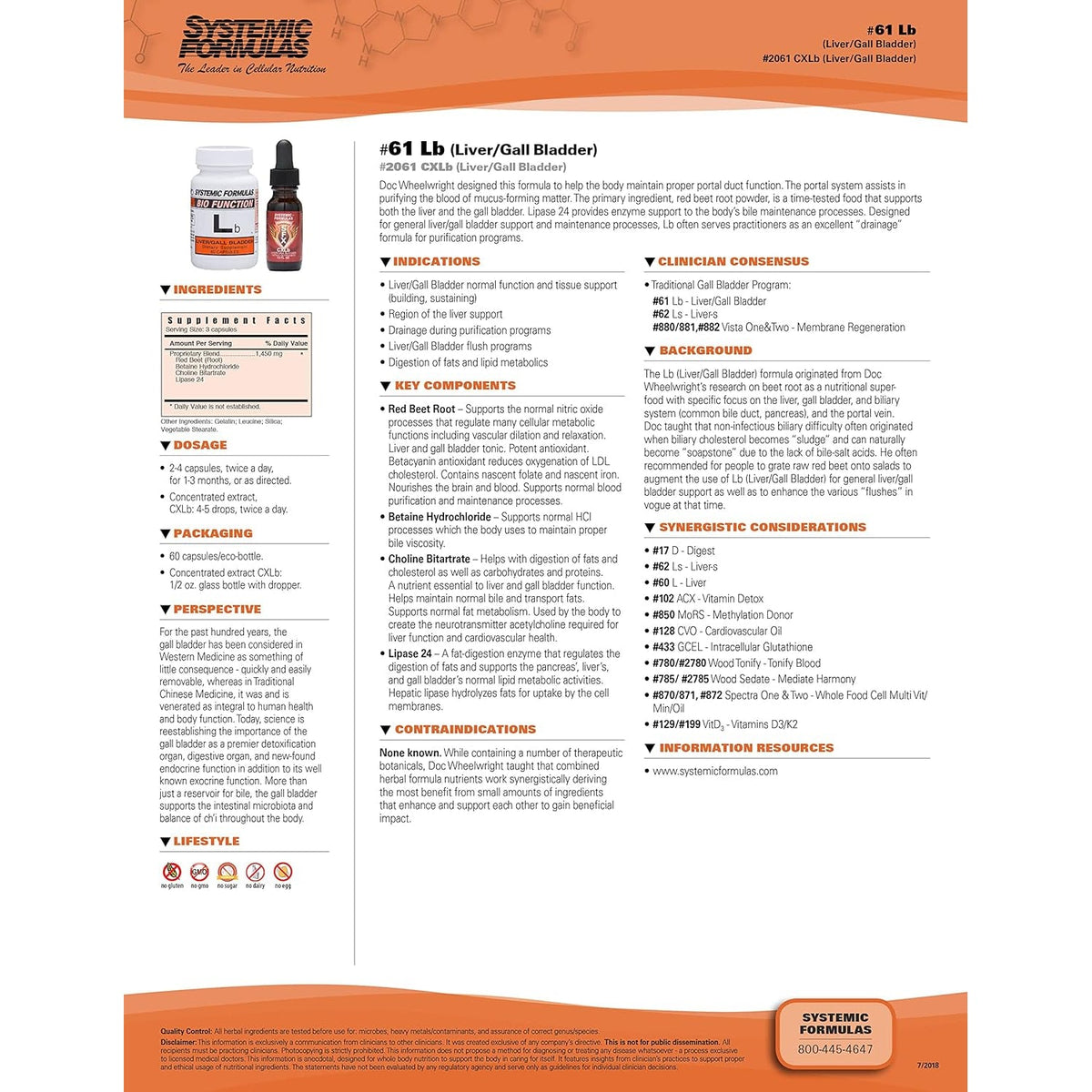 Systemic Formulas Lb – Liver/Gall Bladder 60 Capsules Bio Function #61. Liver + Gall Bladder Support, Portal Duct Function Supplement. Contains Red Beet Root Powder.