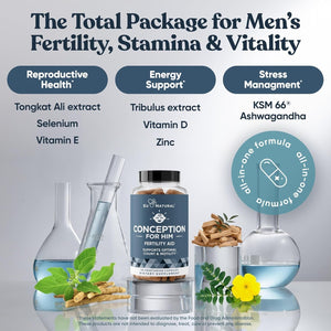 Eu Natural Conception for Him - Male Fertility Supplements with Ashwagandha, Folate & Zinc - Sperm Count, Motility & Strength Support - Fertility Support for Men, 60 Vegetarian Capsules
