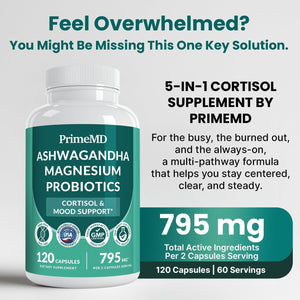 5-In-1 Cortisol Supplement for Women and Men with Ashwagandha for Calmness, Focus, and Adrenal Support Supplements with Shilajit Extract, Magnesium Glycinate, Probiotics (120 Ct) (Pack of 1)