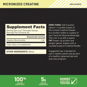 Optimum Nutrition Micronized Creatine Monohydrate Powder, Unflavored, 60 Servings, 300 Grams (Packaging May Vary)