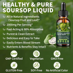 Soursop Graviola Liquid Drops 2000Mg, Organic Soursop Extract - 98% Absorption Soursop Bitters Liquid for Cell Support & Regeneration and Immune Boost, Sugar/Gluten Free, Natural Flavor, 2 Fl Oz