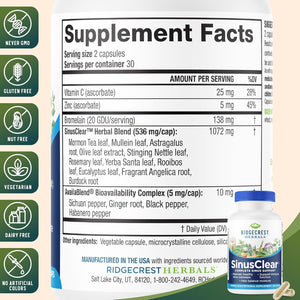 Ridgecrest Herbals Sinusclear, Complete Formula for Sinus and Nasal Health with Mullein Leaf, Bromelain, Vitamin C, and Zinc, for Healthy Mucus, Immune & Respiratory Support, (60 Veg Caps, 30 Serv)