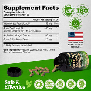 Green Tea Extract - 50% EGCG, Extra Strength 20:1 Extract - Natural Green Tea Supplement + Green Coffee Beans & Apple Cider Vinegar - Energy & Metabolism Support - for Men & Women - Vegan 120 Capsules