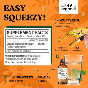 Wild & Organic Slippery Elm Liquid Drops - Lung, Digestive & Women'S Support - Slippery Elm Bark Supplement - Add to Tea Tincture - Ulmus Rubra Herb - Vegan, Sugar & Alcohol-Free - 4 Fl Oz