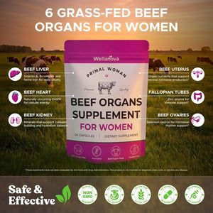 Primal Beef Organ Supplement for Women, Grass-Fed Ancestral Superfood Supplement with Uterus & Liver for Hormone Balance & Queen Energy - 60 Day Supply