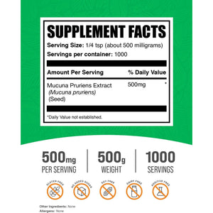 Bulksupplements.Com Mucuna Pruriens Extract Powder - Mucuna Pruriens Supplements, Herbal Supplement - Vegan & Gluten Free, 500Mg per Serving, 500G (1.1 Lbs) (Pack of 1)
