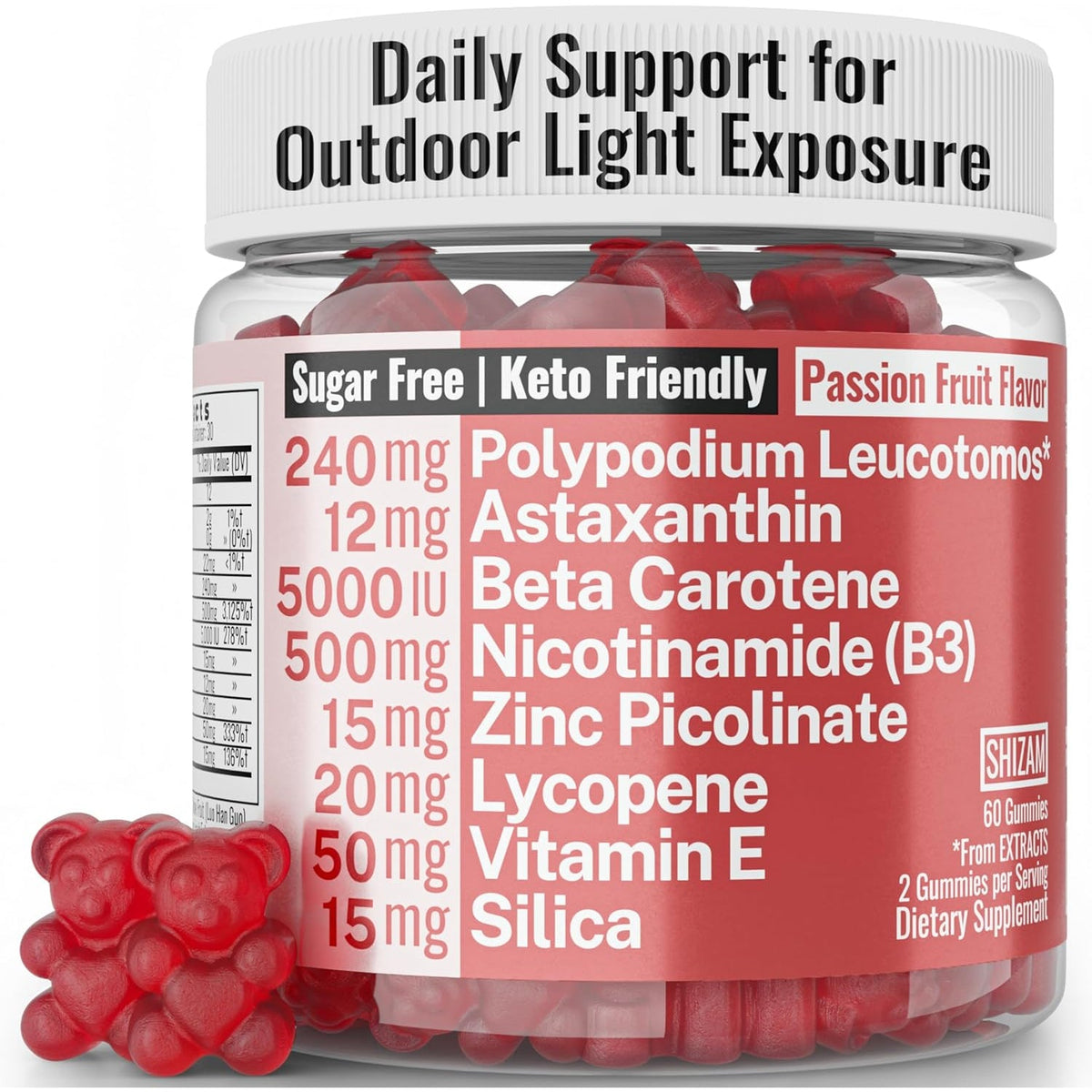 SHIZAM Astaxanthin Polypodium Leucotomos Zinc Picolinate Lycopene Vitamin E B3 Nicotinamide Silica Gummies