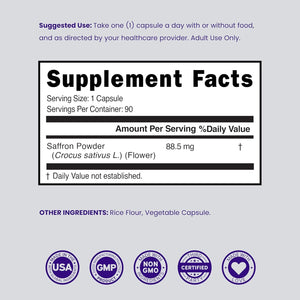 Saffron Supplements for Mood, Energy & Vision Support (3 Month Supply) Pure Saffron Extract 88.5Mg per Serving - Vegan Safe, Gluten Free, Third Party Tested & Non GMO - USA Made (90 Veggie Capsules)