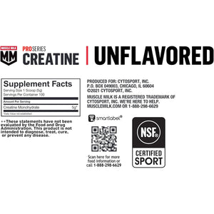 Muscle Milk Pro Series Creatine Powder Supplement, Unflavored, 1.1 Pound, 100 Servings, 5G Creatine Monohydrate, NSF Certified for Sport, Packaging May Vary