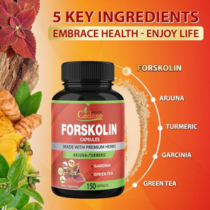Cadane Forskolin Supplements - 5In1 with Turmeric Curcumin, Arjuna, Garcinia Cambogia, and Green Tea - 5 Month Supply - 150 Capsules
