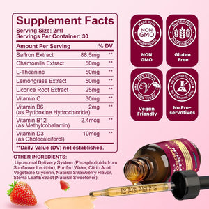 2 Pack Liposomal Saffron Supplements - 88.5Mg Saffron Extract Liquid Drops with L-Theanine, Chamomile, Vitamin C, B6, B12 & D3 for Antioxidant, Immune, Mood, Energy, Focus & Sleep - Strawberry Flavor