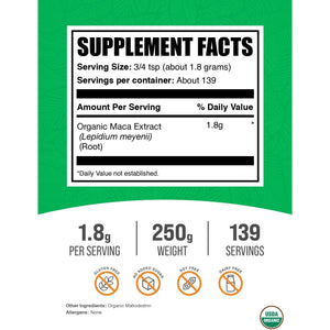 Bulksupplements.Com Organic Maca Root Extract Powder - Organic Maca Powder, Nutritional Supplement - Vegan & Gluten Free, 1.8G of per Serving, 250G (8.8 Oz) (Pack of 1)