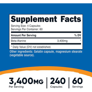 Nutricost Beta-Alanine Capsules 3400Mg, 240 Capsules (60 Serv) - Potent Beta Alanine, Gluten Free & Non-Gmo, 850Mg per Cap