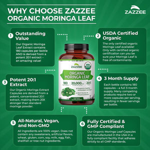 Zazzee USDA Organic Moringa Leaf 20:1 Extract, 180 Vegan Capsules, 3 Month Supply, Certified Kosher, Moringa Oleifera, Antioxidant, Immune & Cellular Support, Superfood Supplement, Made in the USA