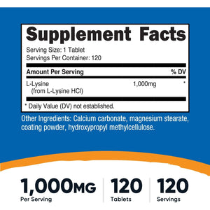 Nutricost L-Lysine 1000Mg, 120 Tablets - Gluten Free, Non-Gmo, and Vegetarian Friendly