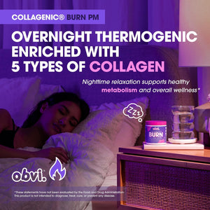 Obvi Collagenic Burn PM | Nighttime Collagen Peptides for Sleep & Recovery | 5 Types Collagen + Ashwagandha, GABA & Melatonin | Capsiburn Metabolic Support | 90 Capsules | Made in USA
