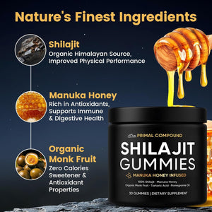 Primal Compound Shilajit Gummies for Men,With Manuka Honey, Organic Monk Fruit & Fulvic Acid, Shilajit Gummies Supplements, 30 Gummies