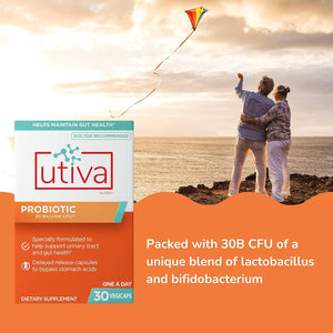 Szio+ Utiva Probiotic – Urinary Tract and Gut Health Supplement – 12 Billion CFU Lactobacillus & Bifidobacterium Probiotic for Men and Women, 30 Delayed Release Vegi Capsules