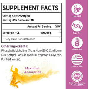 Konefancy Berberine HCL Supplement 1500Mg - Third Party Tested, High Bioavailability Liposomal Berberine Capsules for Women and Men, GLP-1 Support and AMPK Activator, Non-Gmo, Sugar-Free,60 Softgels
