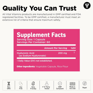 Vital Vitamins Hyaluronic Acid Supplements - Made with 200Mg of Low Molecular Weight Hyaluronic Acid - Supports Skin Hydration & Elasticity from within - 60 Capsules, 60 Servings