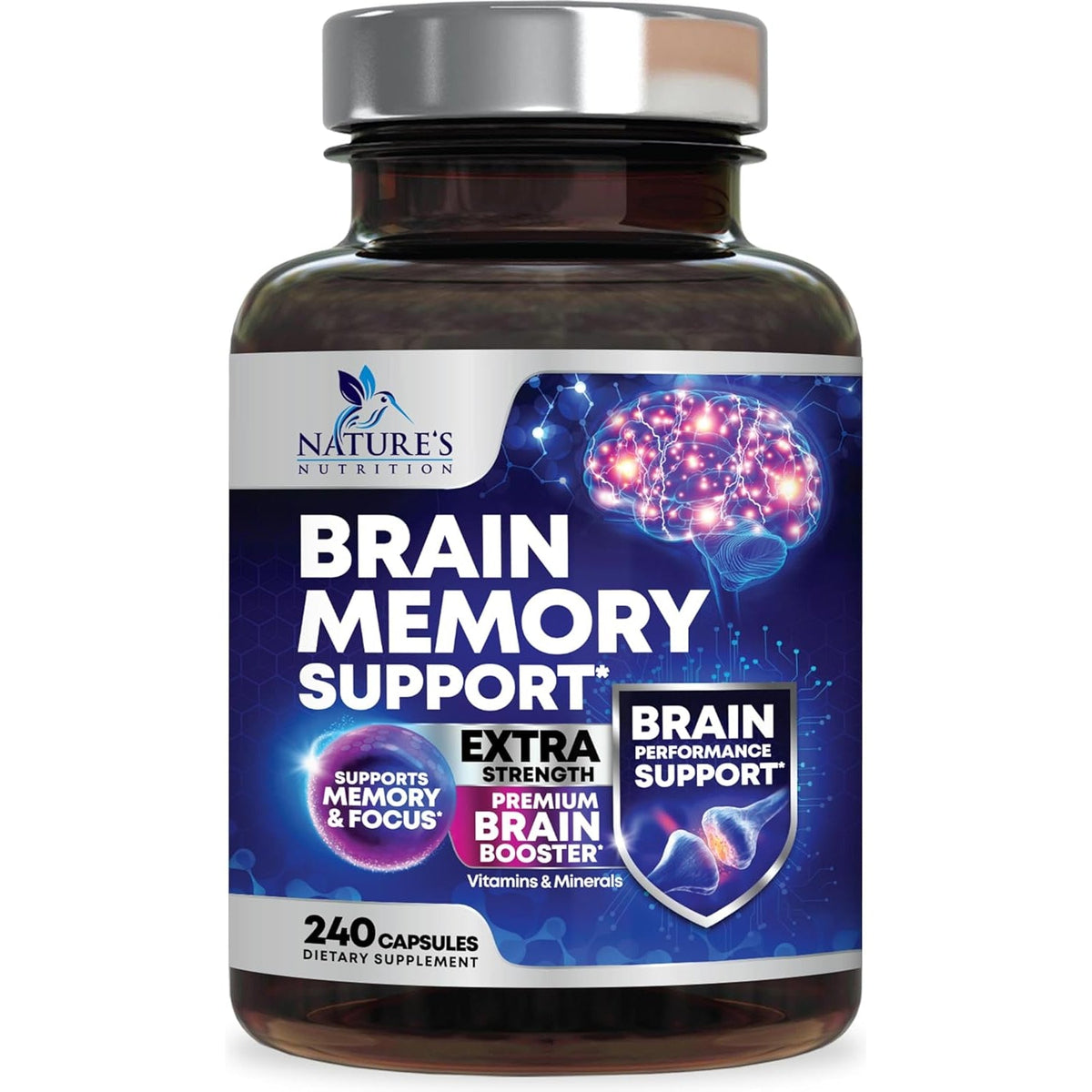 Brain Memory Supplement Pills - 3X Strength Nootropics for Concentration, Clarity & Focus Support - Brain Health Cognitive Vitamins with Bacopa, Phosphatidylserine & DMAE, Brain Booster - 240 Capsules