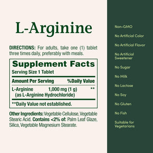 Nature’S Bounty L-Arginine 1000Mg for Supporting Blood Flow and Vascular Function – Non-Gmo, Gluten Free, 50 Tablets