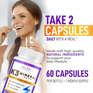 ZELSO K3 Mineral Weight Loss Pills for Women and Men, K3 Mineral Pills - K3 Salt Mineral, Vitamin + K3 Capsules Supplement for Keto Weight Loss - 1 Month Supply