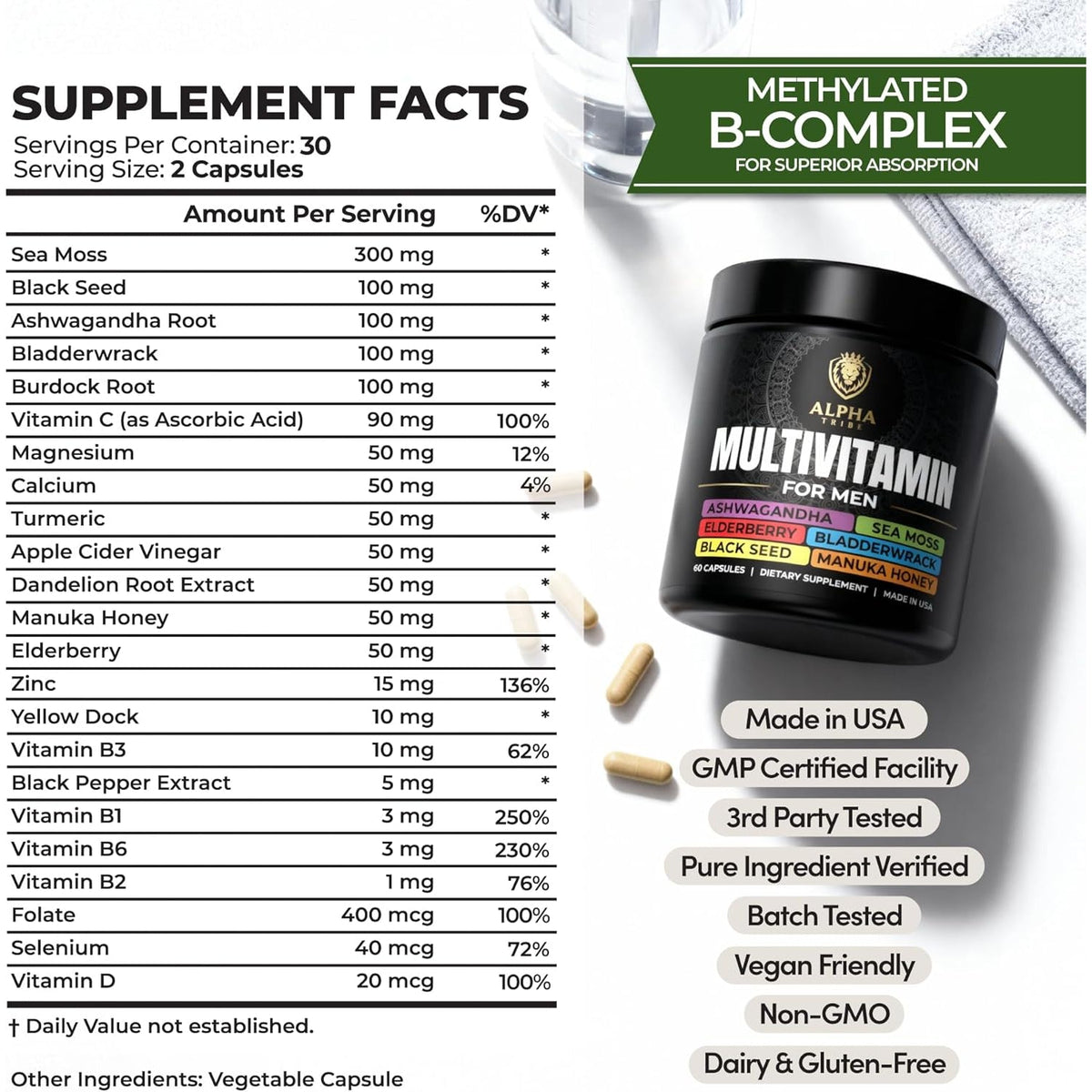 Alpha Tribe Multivitamin for Men with Seamoss Black Seed Oil Ashwagandha Burdock Root, Turmeric Bladderwrack, Vitamin C, Elderberry, Manuka, Yellow Dock | Daily Men'S Vitamins and Minerals Supplement