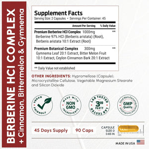 Forestleaf Berberine Supplement - 1300Mg per Serving - Ultra High Potency Berberine Hcl with Ceylon Cinnamon, Bitter Melon & Gymnema - GLP-1 Weight Management Support - 90 Caps